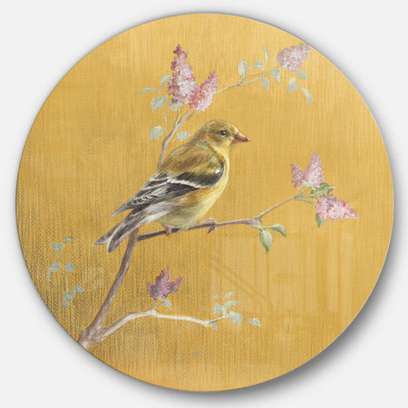 Gold Bird on Blossoms III - Farmhouse Metal Circle Wall Art