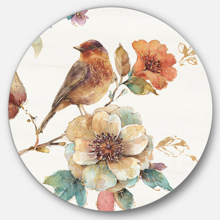 Farmhouse Bird on Flower Branch - Farmhouse Metal Circle Wall Art