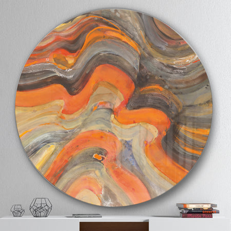 Abstract Gilded Orange Waves - Geometric Metal Circle Wall Art