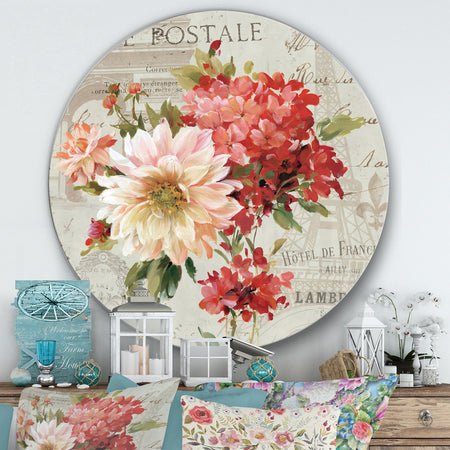 Red Painted Flowers on Vintage Postcard I - Farmhouse Metal Circle Wall Art