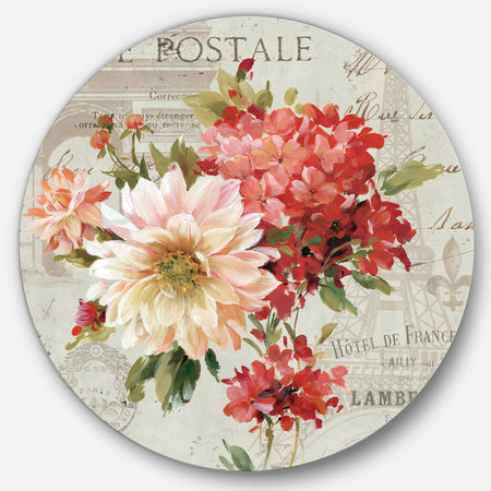 Red Painted Flowers on Vintage Postcard I - Farmhouse Metal Circle Wall Art
