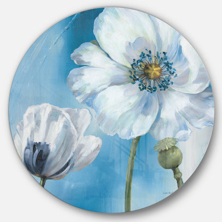 White Flower on Blue I - Farmhouse Metal Circle Wall Art