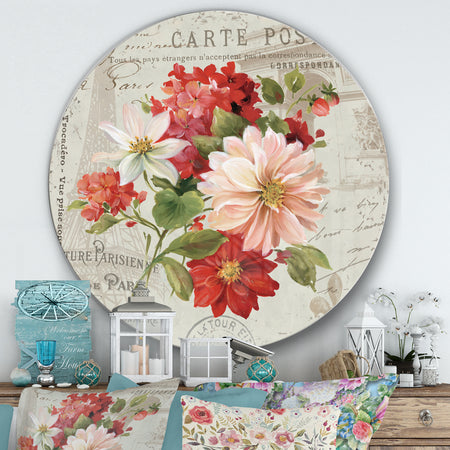 Red Painted Flowers on Vintage Postcard II - Farmhouse Metal Circle Wall Art