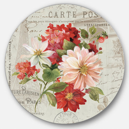 Red Painted Flowers on Vintage Postcard II - Farmhouse Metal Circle Wall Art