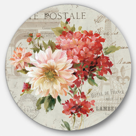 Red Painted Flowers on Vintage Postcard III - Farmhouse Metal Circle Wall Art