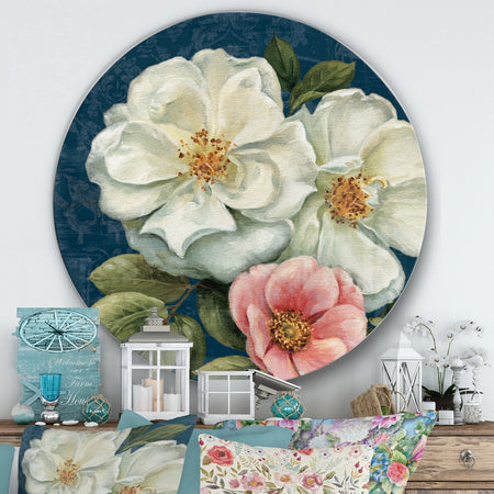 Blue Damask Flowers - Farmhouse Metal Circle Wall Art