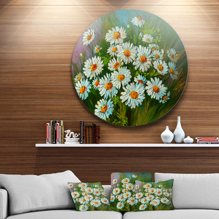 Heavily Textured Daisies Art - Floral Glossy Large Disk Metal Wall Art