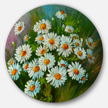 Heavily Textured Daisies Art - Floral Glossy Large Disk Metal Wall Art