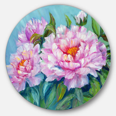 Pink Peonies - Floral Glossy Large Disk Metal Wall Art