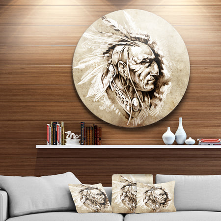 American Indian Illustration - Portrait Glossy Large Disk Metal Wall Art