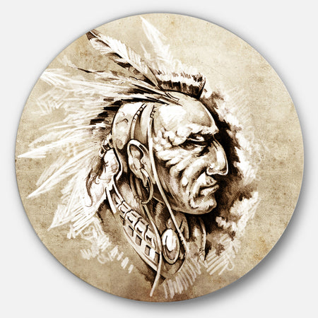 American Indian Illustration - Portrait Glossy Large Disk Metal Wall Art