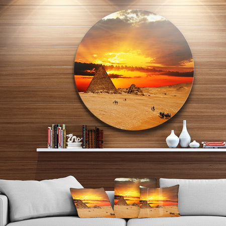 Camel Caravan at Sunset - Landscape Photo Round Metal Wall Art