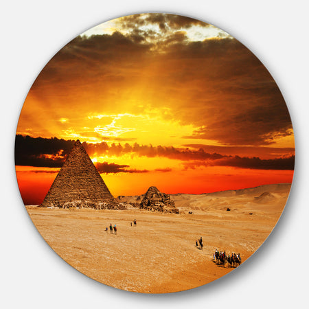 Camel Caravan at Sunset - Landscape Photo Round Metal Wall Art