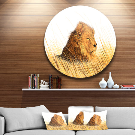 Lion Watching the Surroundings - Animal Art Round Wall Art