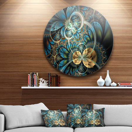 Symmetrical Blue Gold Fractal Flower - Digital Art Circle Metal Wall Art