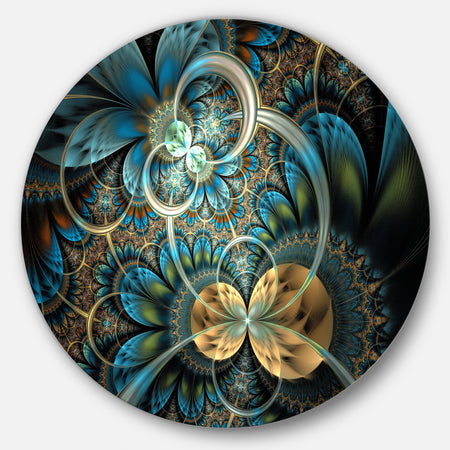 Symmetrical Blue Gold Fractal Flower - Digital Art Circle Metal Wall Art