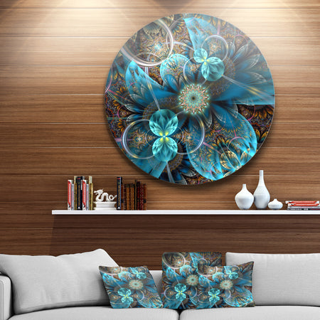 Fractal Blue Flowers - Digital Art Floral Round Wall Art