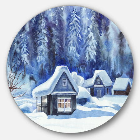Blue Winter Cottages - Landscape Large Disc Metal Wall art