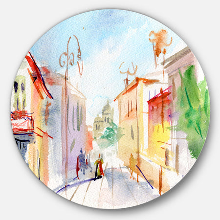 Illustrated Parisian Street - Watercolor Cityscape Disc Metal Wall Art