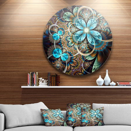 Colorful Fractal Flowers with Blue Shade - Digital Art Round Wall Art
