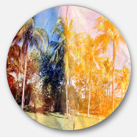 Retro Palms in Yellow Shade - Landscape Painting Disc Metal Wall Art