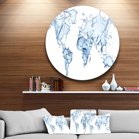 World Map Water Splash - Map Digital Art Round Metal Wall Art