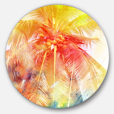 Retro Palm Red Yellow Watercolor - Trees Painting Large Disc Metal Wall art