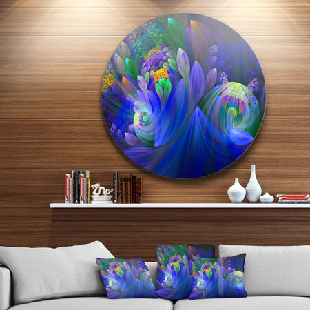 Blue Fractal Flower Bouquet - Floral Abstract Art Circle Metal Wall Art