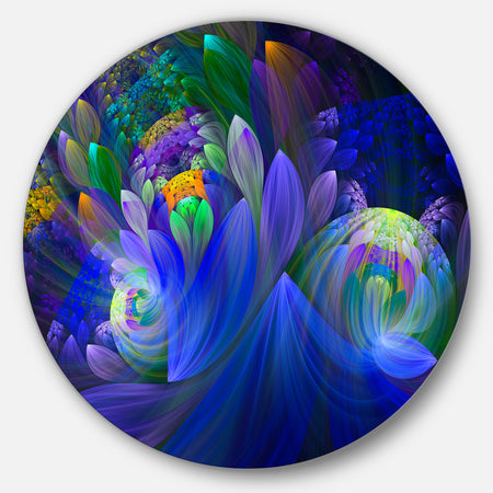 Blue Fractal Flower Bouquet - Floral Abstract Art Circle Metal Wall Art
