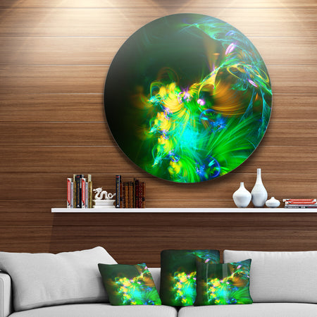 Bright Green Fractal Flower in Dark - Floral Abstract Art Disc Metal Wall Art