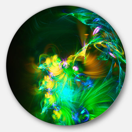 Bright Green Fractal Flower in Dark - Floral Abstract Art Disc Metal Wall Art