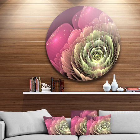 Fractal Flower Pink and Green - Floral Digital Art Large Disc Metal Wall art