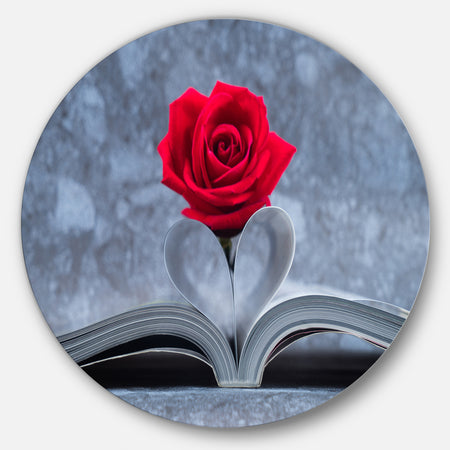 Red Rose Inside the Book - Floral Art Large Disc Metal Wall art