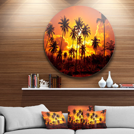 Coconut Palms Against Yellow Sky - Landscape Photo Disc Metal Wall Art