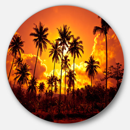Coconut Palms Against Yellow Sky - Landscape Photo Disc Metal Wall Art