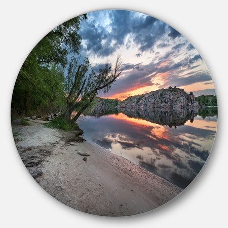 Sunset at River with Rock - Landscape Photo Disc Metal Wall Art