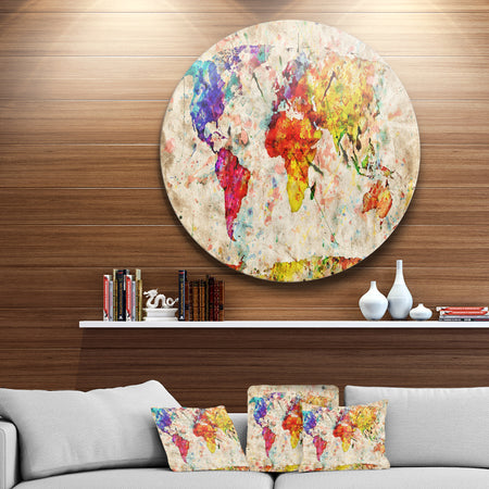 Vintage World Map Watercolor - Maps Painting Circle Metal Wall Art