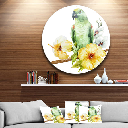 Parrot with Flowers Watercolor - Floral Painting Circle Wall Art