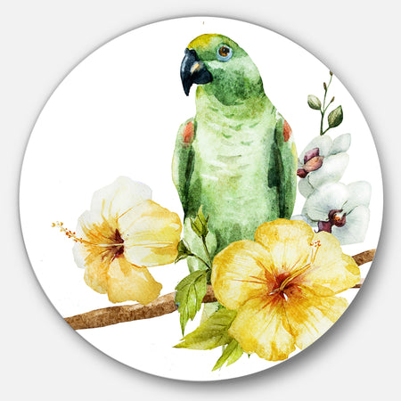 Parrot with Flowers Watercolor - Floral Painting Circle Wall Art