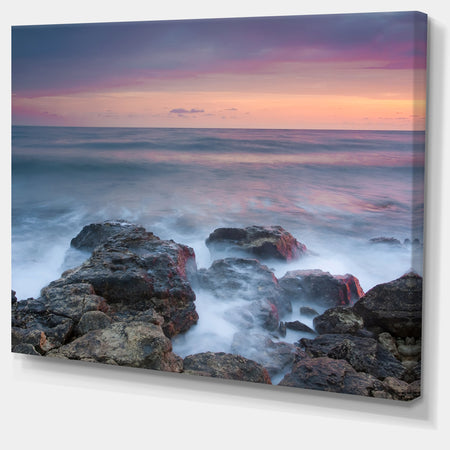 Blue Rocky Sea Beach Sunset - Modern Landscape Wall Art Canvas