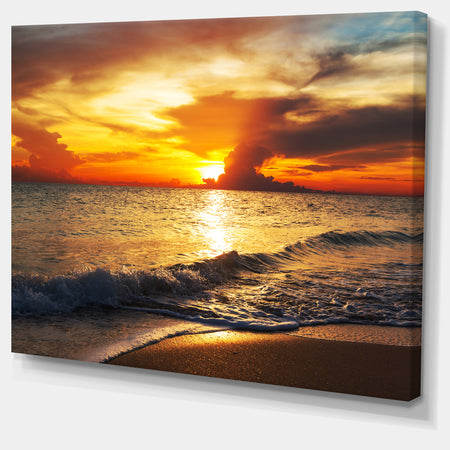 Colorful Dramatic Sunset over Waves - Modern Beach Canvas Art Print