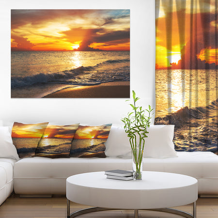 Colorful Dramatic Sunset over Waves - Modern Beach Canvas Art Print