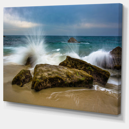 Waves Crashing Rocks at Woods Cove - Seashore Canvas Wall Art