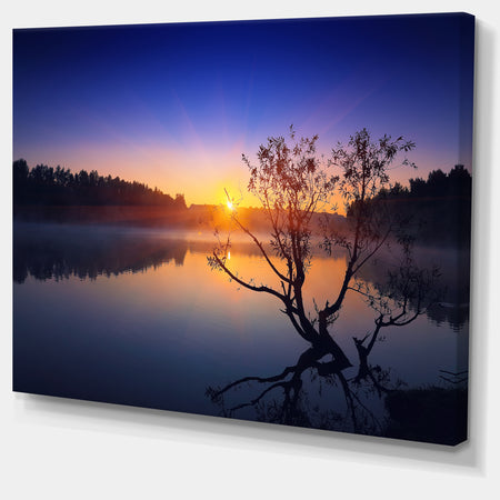 Lonely Tree in Pond in Blue - Extra Large Wall Art Landscape