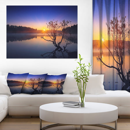 Lonely Tree in Pond in Blue - Extra Large Wall Art Landscape
