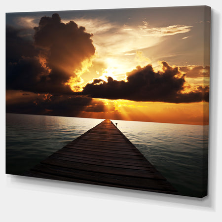 Indefinite Wooden Pier to Gloomy Sea - Large Sea Bridge Canvas Art Print