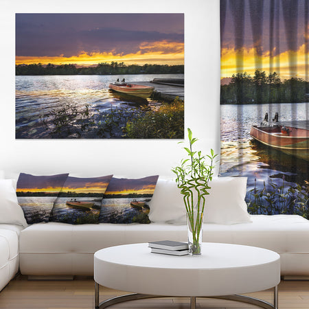 Boat Docked in Lake at Sunset - Modern Seashore Canvas Art