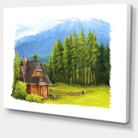 Small Wooden Home in Mountains - Landscape Wall Art Canvas Print