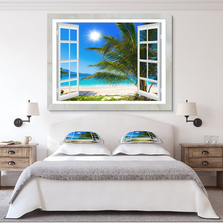 Window Open to Beach with Palm - Extra Large Seashore Canvas Art