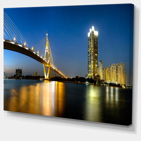 Lit-up Bhumibol Bridge at Dusk - Cityscape Artwork Canvas